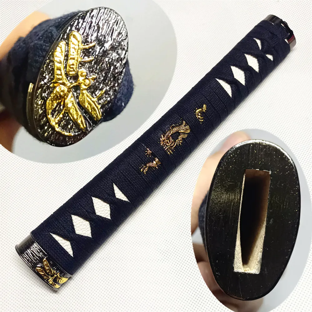 High Quality Tsuka Handle Black Cotton Ito Alloy Fuchi Menuki Kashira W Dragonfly Japanese Sword Samurai Katana Accessories