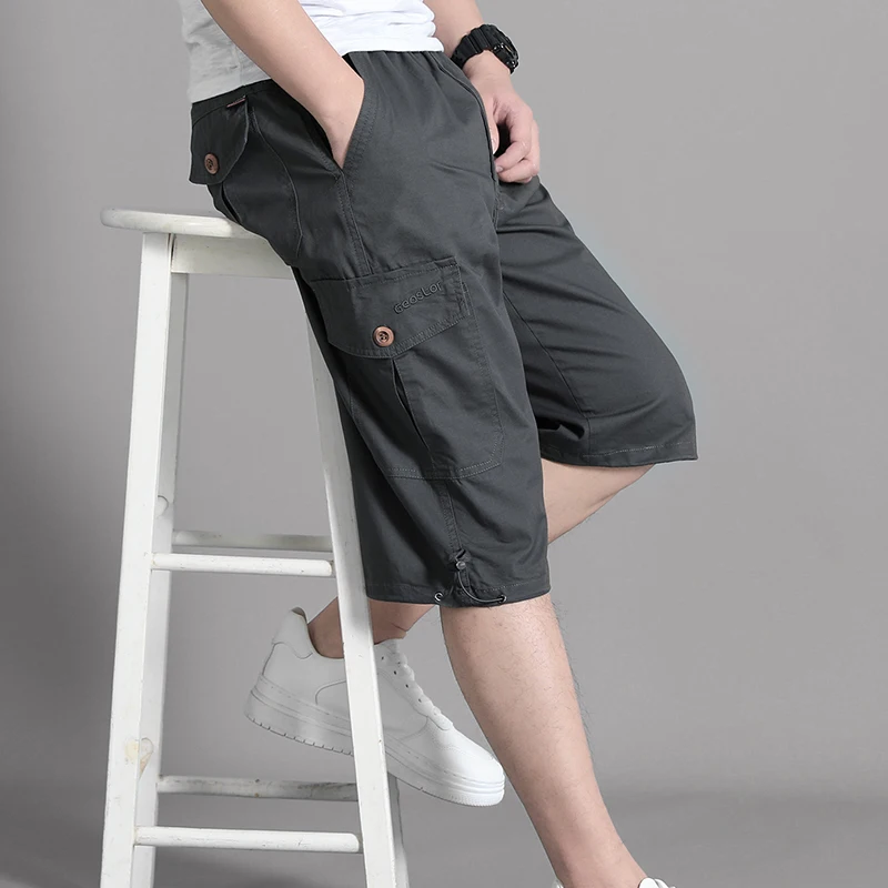 Men\'s Clothing Solid Color Elastic High Waisted Button Straight Cargo Pockets Casual Summer Sweatpants Knee Vintage Shorts