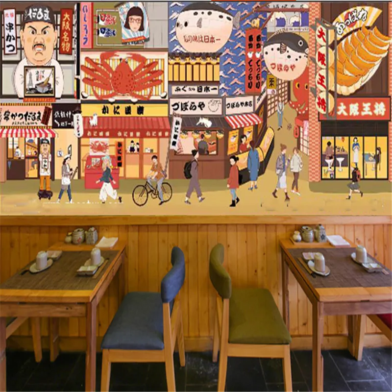 Hand Painted Japanese Temple Fair Street Scene Industrial Decoration Wallpaper Sushi Shop Background Wall Paper Mural 3D