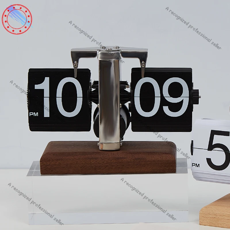 

Creative personality black walnut mechanical automatic page turning desktop ornament home digital clock table clock table clock