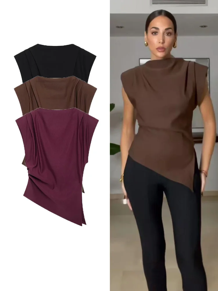 TFMLN 2024 New Summer Women Asymmetrical Folds Tops Fashion Causal Sleeveless Pullover Pleated Shirts Back Zipper Slim Tops