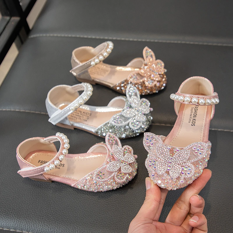 

Girls Crystal Slip-On Shoes Soft Bottom Rhinestone Princess Flats Spring Autumn New Style Kids Lightweight Sweet Leather Shoes