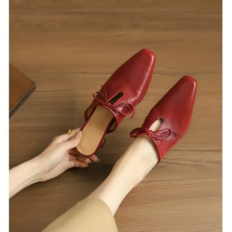 Dilalula 2025 Japanese Style Genuine Sheepskin Leather Slippers Women Covered Toe Thick High Heels Party Dress Mules Ladies