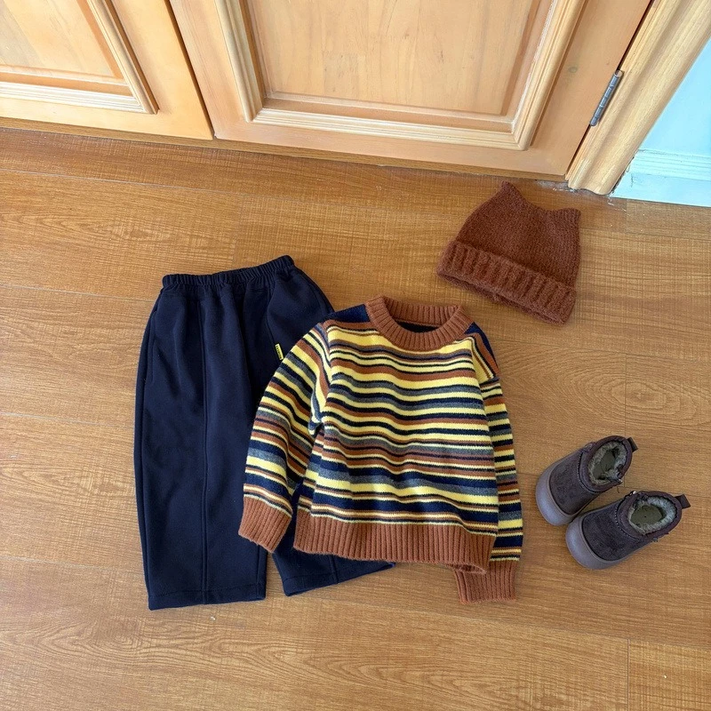 Striped Children's Sweater Retro Loose Knit Sweater Baby Autumn and Winter Soft and Sticky Top