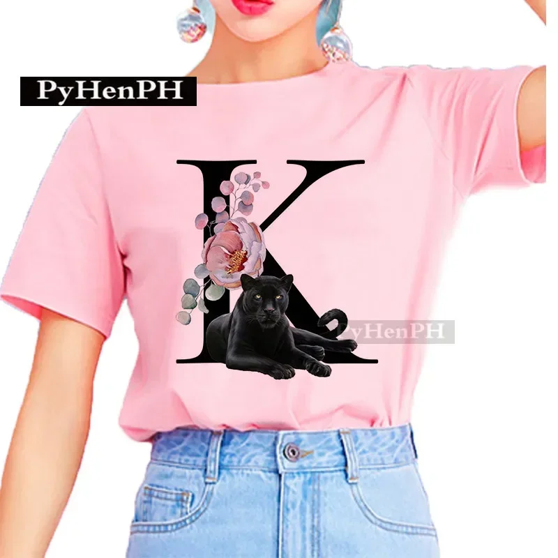 

Trend T-shirt Creative 26 English Alphabet Black Panther Print Shirt Women Summer Half Sleeve Parent-child Outfit Pink Tshirt