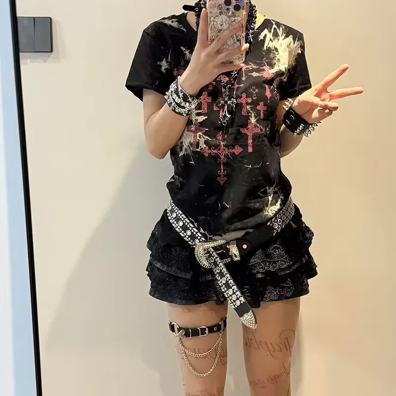 

American Y2k Top Spicy Girl Short Sleeved Women Summer Subculture Print Slim Fit Short Tshirt Tight Fitting Waist Elastic Tops