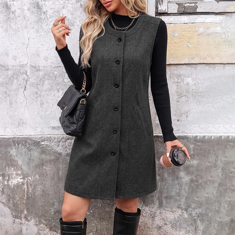 Women's Elegant Long Sleeveless Coat Button Down Round Neck Pockets Winter Overcoat Vest Chaqueta