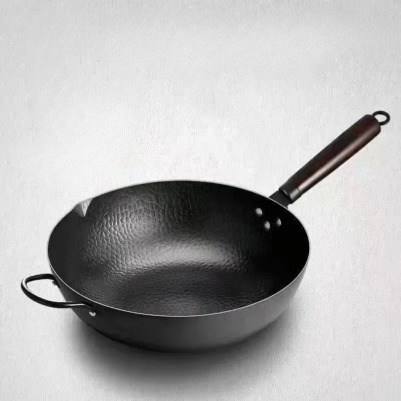 

Handmade wrought iron wok, non-stick iron pan, uncoated, suitable for induction cooker and gas stove, flat bottom pan, WoZhi