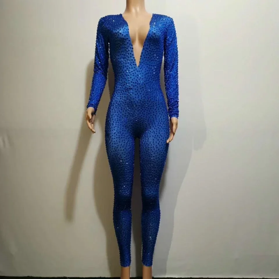 Sparkly Blue Rhinestones Long Sleeve Jumpsuits Women Nightclub Dance Costumes Performance Stretch Birthday Celebrate Outfit