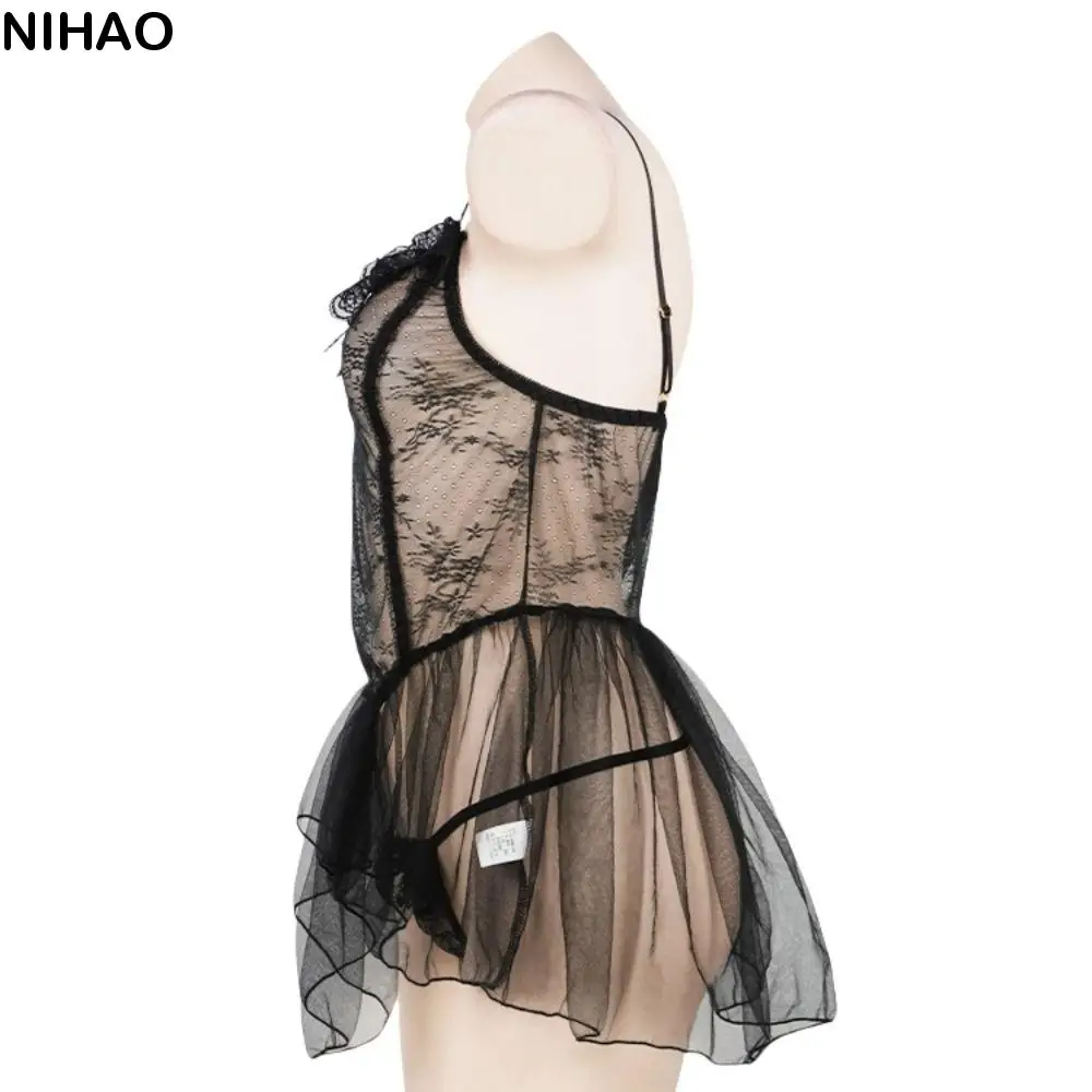 

Sweet V Neck See Through Lace Nightdress Irregular Hem Flounce Sling Night Dress Transparent Lingerie Lace Mesh Nightgown Home