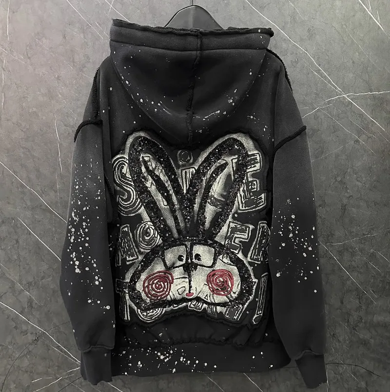 Design Sense Heavy Industry Sequin Printing Cartoon Rabbit Fleece Cardigan Hooded Sweatshirt Women\'s Loose Fashion Versatile Top