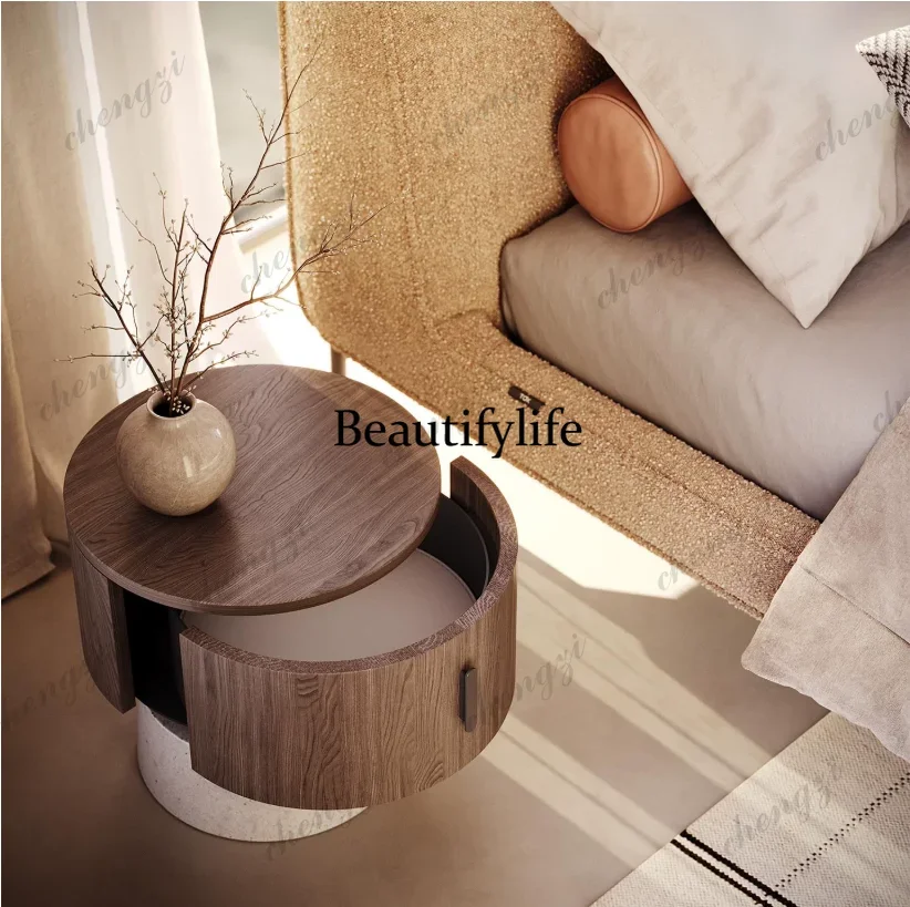 C178Round solid wood bedside table walnut color storage edge table modern simple and advanced floor-to-ceiling corner table