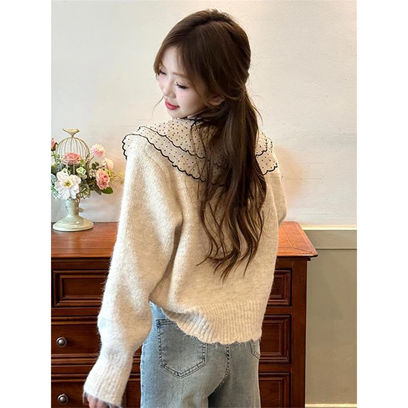 Peter Pan Collar Bow Knitting Cardigan Coat Women Autumn Winter Loose Solid Color Sweater Fashion All-match Sweet Knitwear Tops