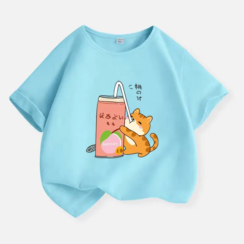 Cats Drinking Beverages Children Clothing Boys T-shirt Summer Cartoon Top Cotton Kids Short Sleeves Baby Kids T Shirt 2-12 Years