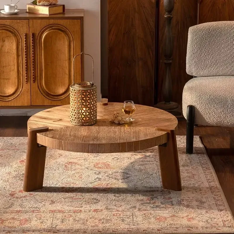 Natural Wood Color Coffee Table Farmhouse Style Japanese Retro Wooden Center Table for Living Room