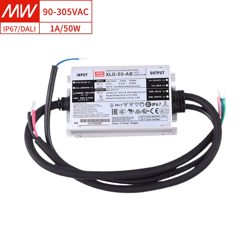 

XLG-50-AB 22-54V 1A 90% Efficiency IP67 Waterproof Wide Input 90-305VAC Constant Power Dimming 24V 50W LED Driver