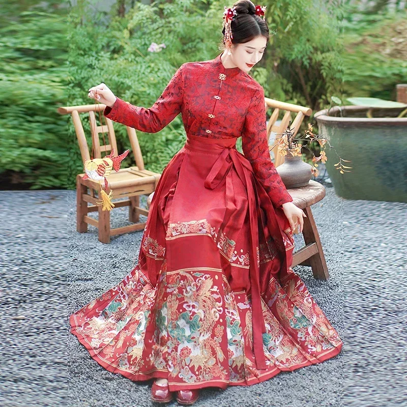 Chinese Style Festive Women Hanfu Embroidery Horse-Face Skirt Long Sleeve Stand Collar Red Shirt Cosplay