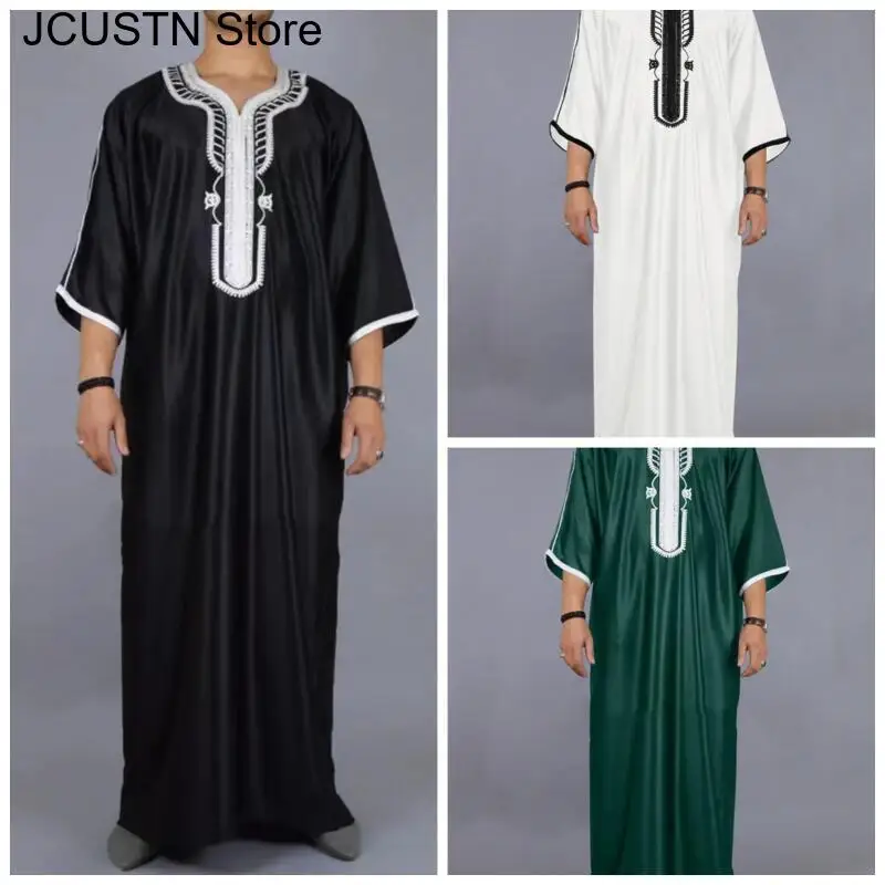 Abito lungo da uomo musulmano in stile marocchino Abito lungo da uomo elegante con ricamo squisito Abito semplice casual Abito pakistano Arabia