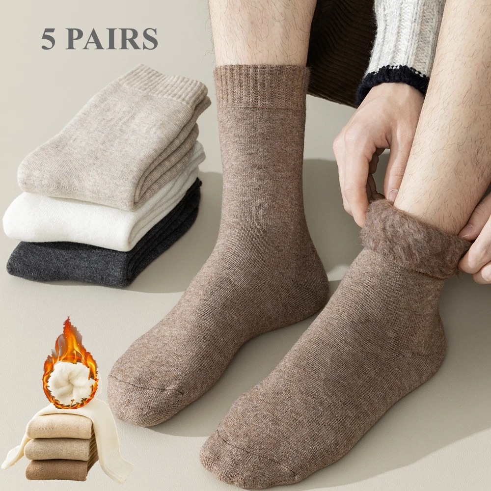 

5 Pairs Men Winter Socks Cozy Fleece Thick Warm Socks Man Fuzzy Furry Middle Tube Crew Socks Thermal