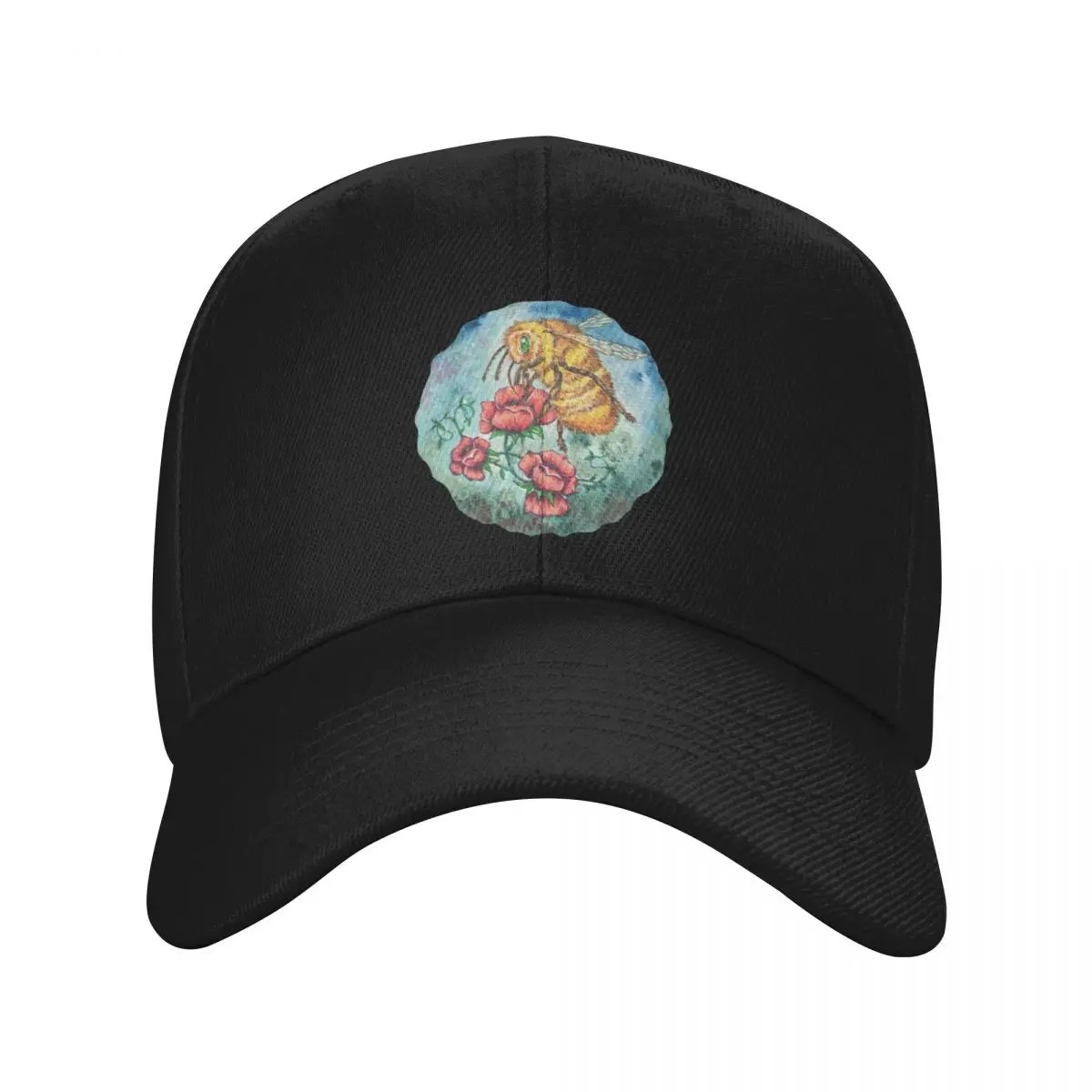 Watercolour bee collecting pollen from red flowers Baseball Cap Rave New Hat Horse Hat Women's Golf Wear Men's