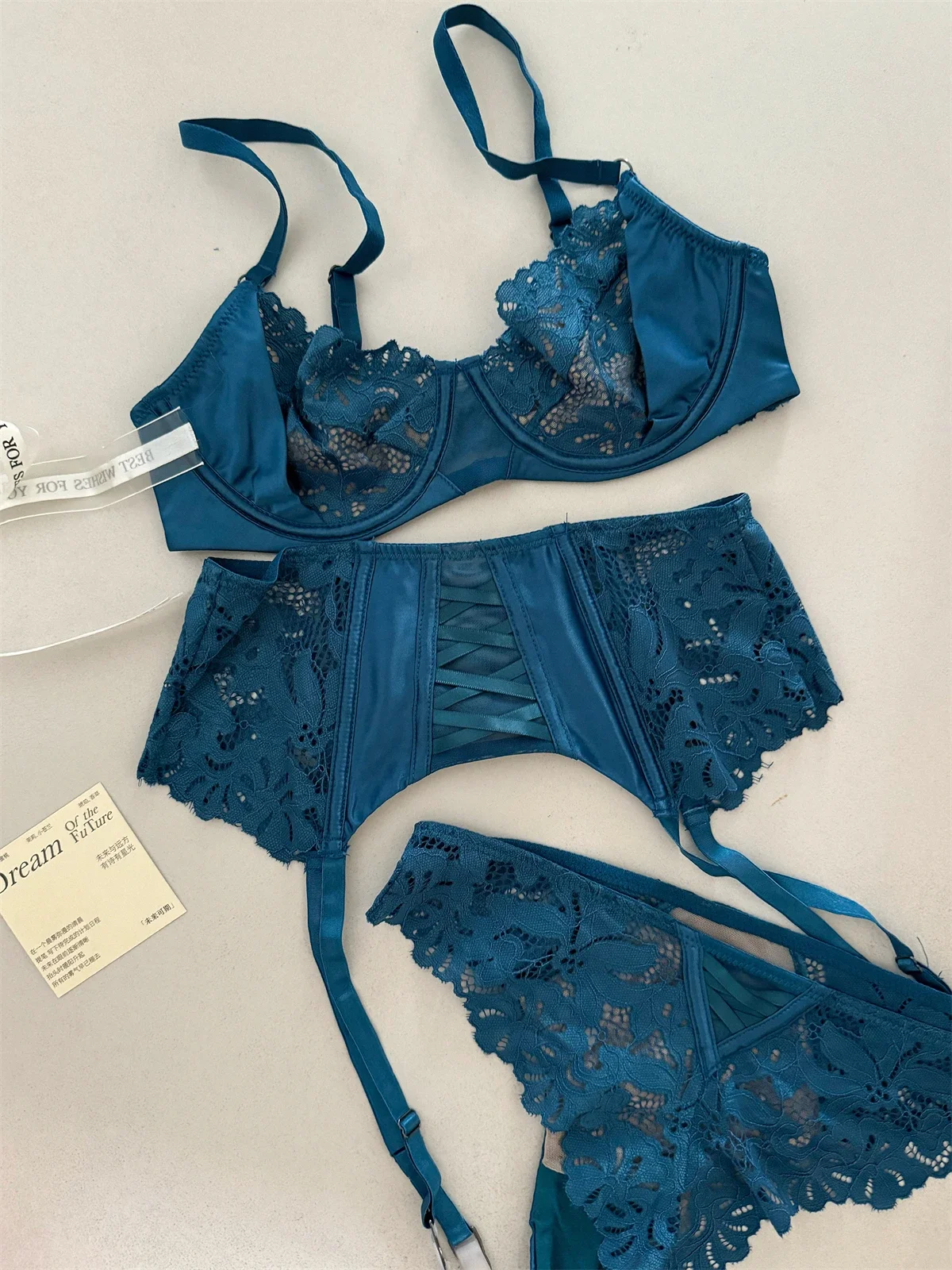 Satin three-piece thin section lingierie large breast underwear sexy lace bra breathable blue temperament underwear set