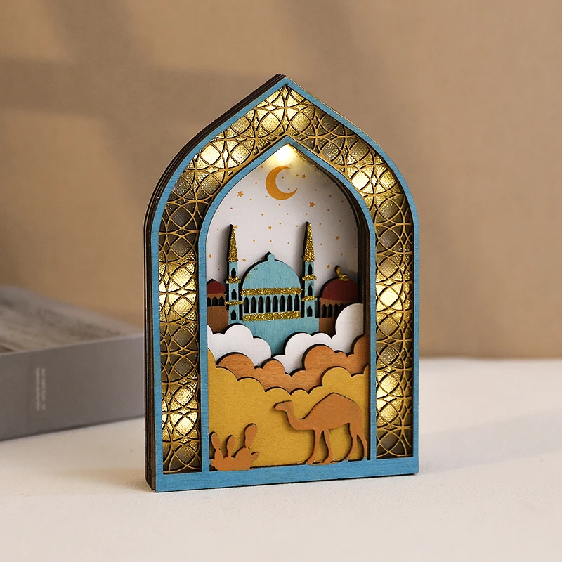 

Eid Mubarak Wooden Desktop Ornament Ramadan Kareem Moon Mosque Night Light Eid Al Adha Gift Islam Muslim Party Home Decoration