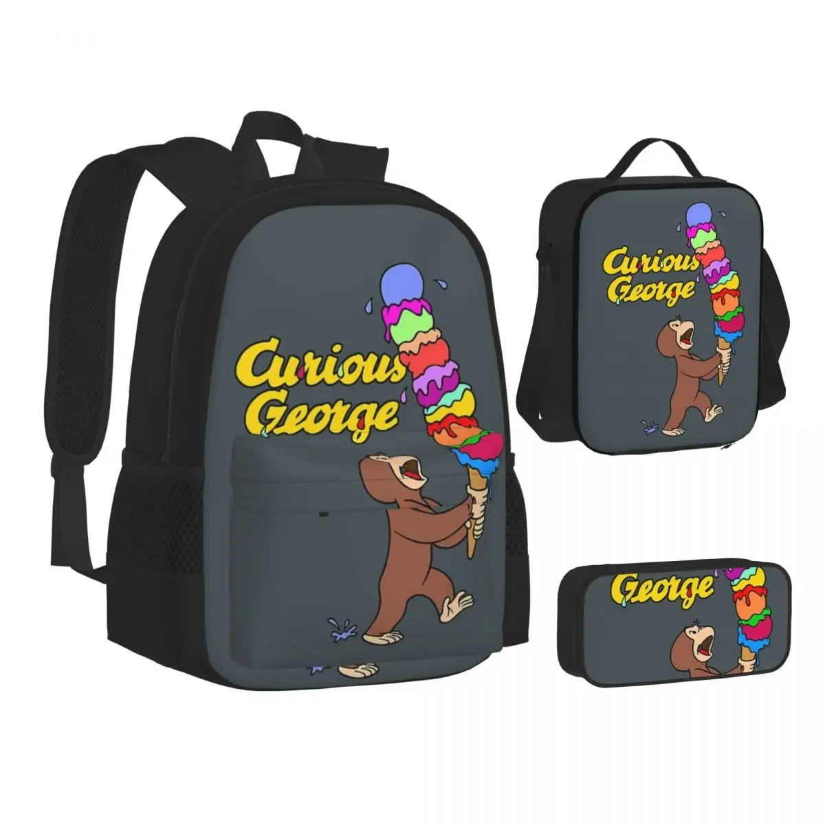 

Curious George Has An Ice Cream Treat Backpacks Bookbag Children School Bags Kids Rucksack Lunch Bag Pen Bag Three-Piece Set