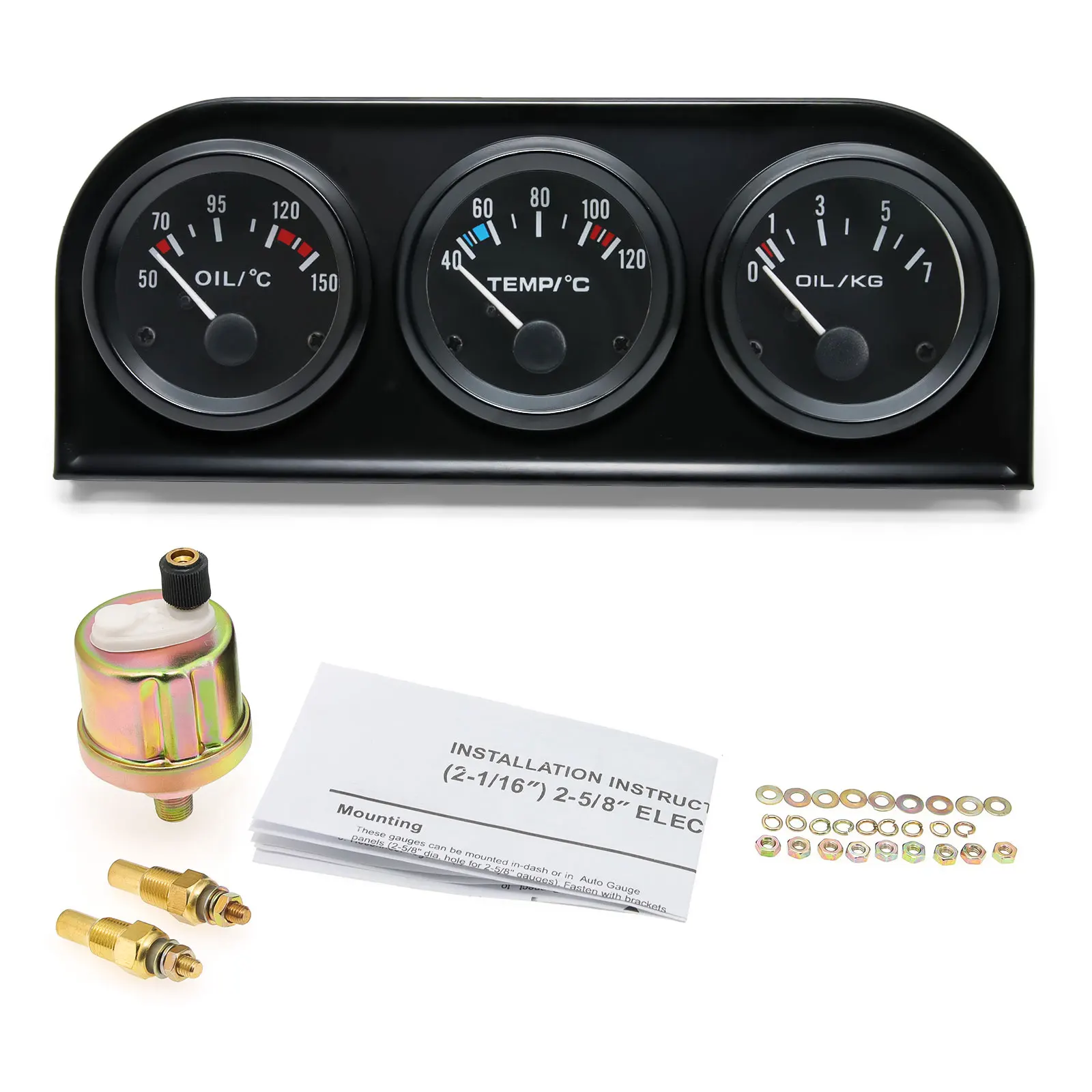 3 in 1 Gauge Kit 52mm Oil Temp Oil Pressure Volt Gauge Set Universal 12V Auto Black&Chrome Bezel Face with Water Oil Temp Sensor