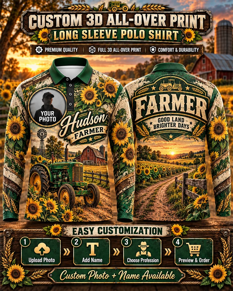 Personalized Farmer Polo for Men Add Photo and Name 3D Printed Long Sleeve Tractor Agriculture Shirt for Farm Work Country Gift