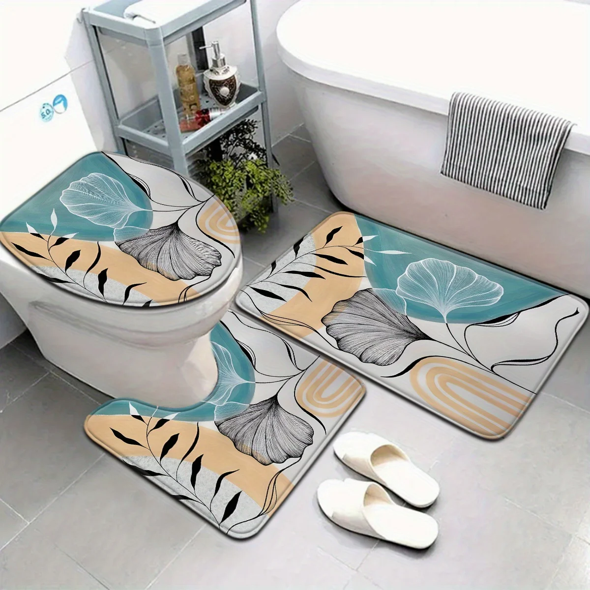 

Открытый 3 шт., простая серия, соответствующий цвету, узор в виде листа гинкго, набор ковриков для ванной комнаты, кольцо на сиденье для унитаза, U-образная подставка для ног
