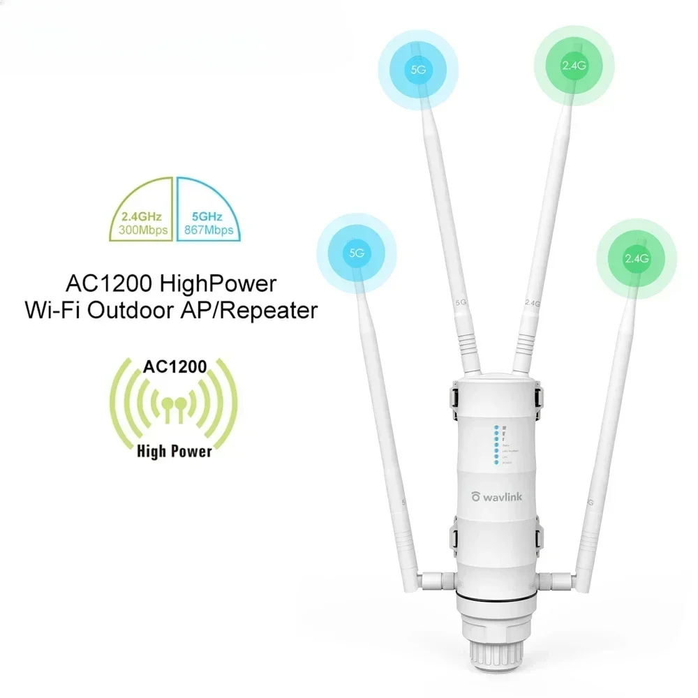 Wavlink-Repetidor WiFi sem fio à prova d'água ao ar livre, AP, roteador WiFi, Dual Dand 5G, antena extensora de longo alcance, alta potência, AC1200, 2024