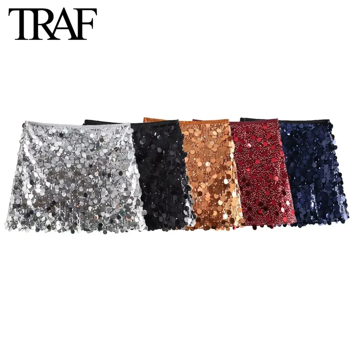 TRAF Sequins Skirt for Women Fashion Autumn Winter  New Solid Color Chic Female High Waist Elegant A-line Short Skirts Mujer