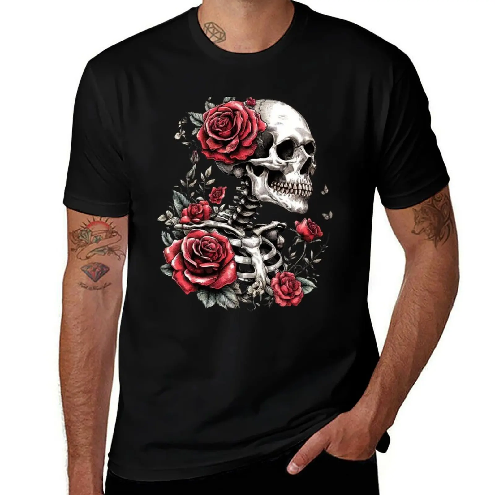 

Skeleton Adorned With Roses T-Shirt t shirt man luxury anime t shirts for man T-Shirt