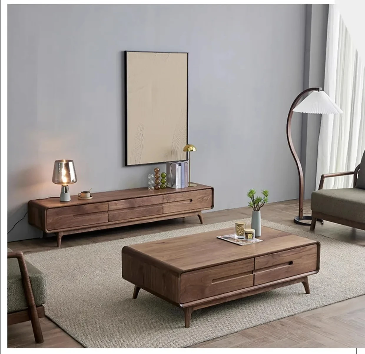A North America Black Walnut Solid Wood Tea Table Nordic Simple Small Apartment Living Room Cherrywood Tea Table TV Cabinet Unit