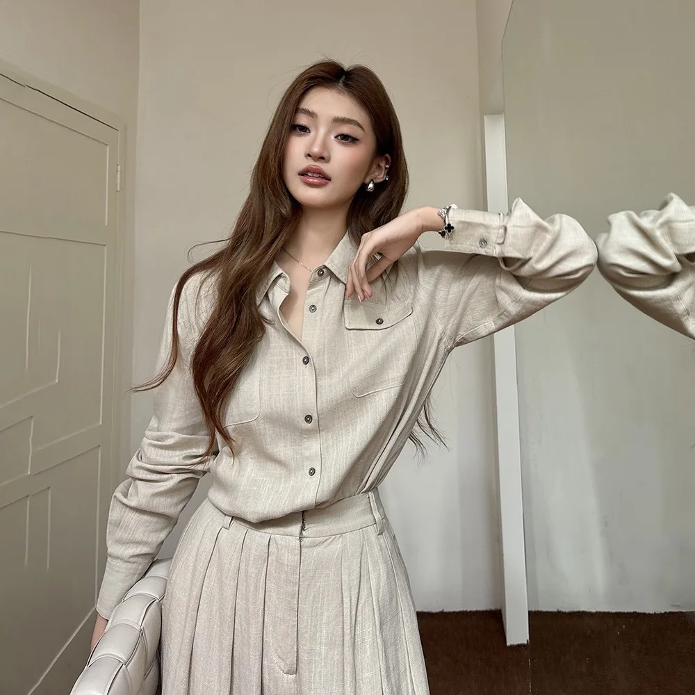 

Women Shirts Suit Pants Two Piece Set 2026 New Spring Autumn Women's Faux Linen Long Sleeve Shirt & Casual Wide Leg Pants Set