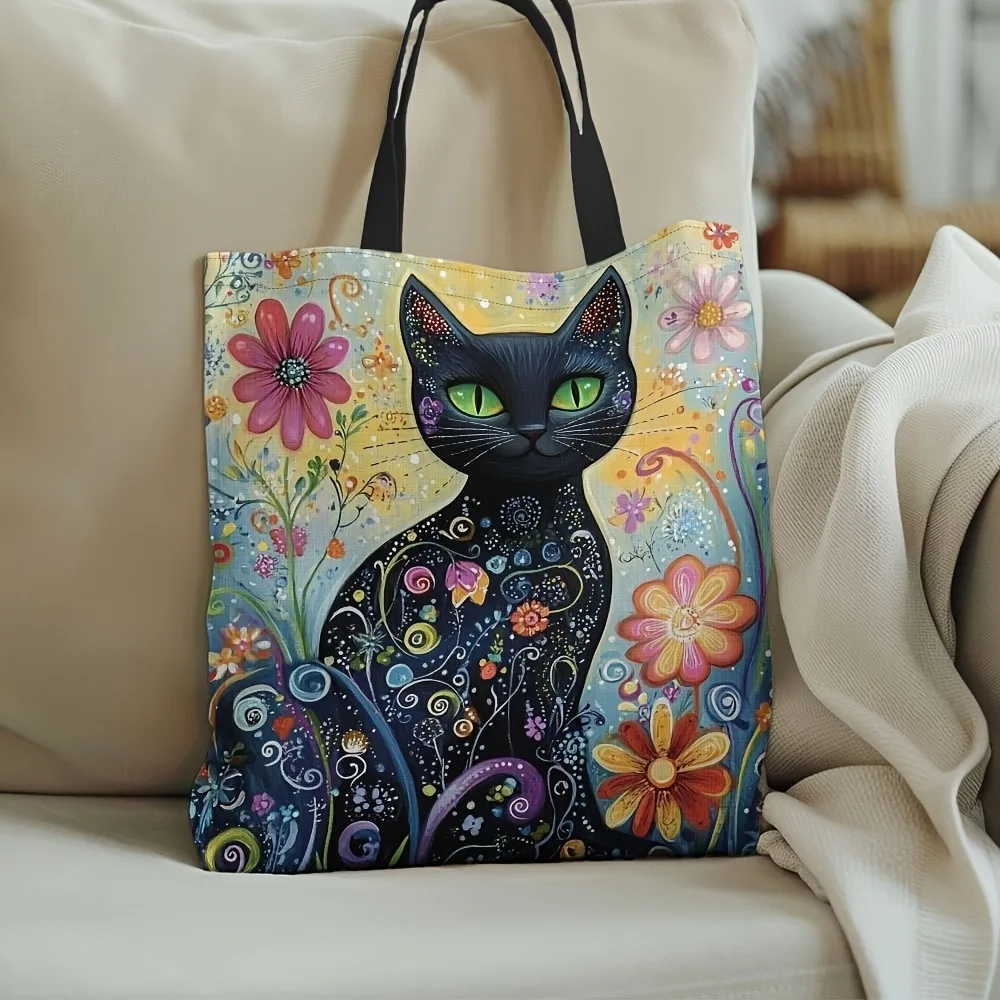 1pc Handbag Retro Long Tailed Kitten Tote Bag Vibrant Floral Print Reusable Grocery Bag Durable Polyester Foldable Shoulder Bag