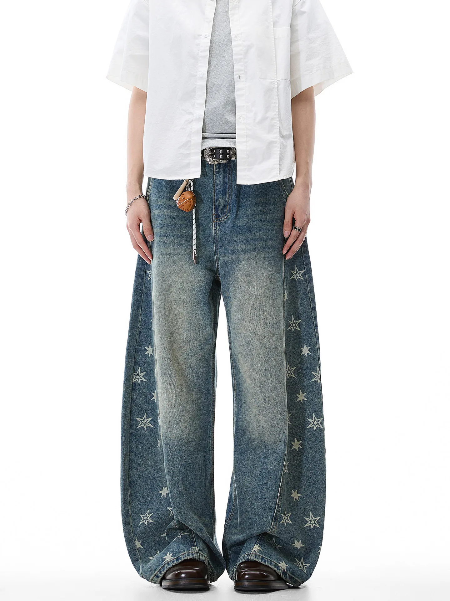 Spring Autumn New Arrival Men's American Style Deconstructed Star Print Washed Wide Leg Jeans Retro Loose Denim Streetwear Pants