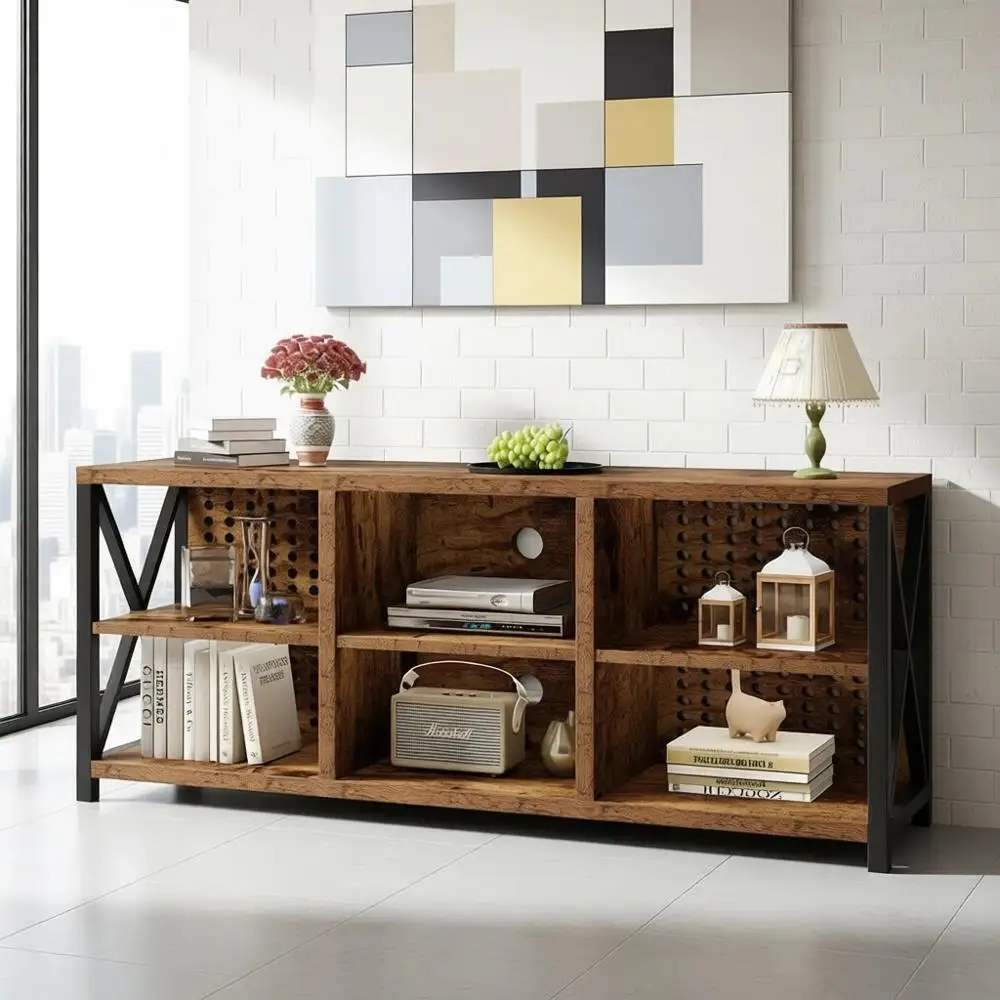 Industrial Style 75 TV Stand with Storage, Brown Wooden Entertainment Center for Living Room or Bedroom