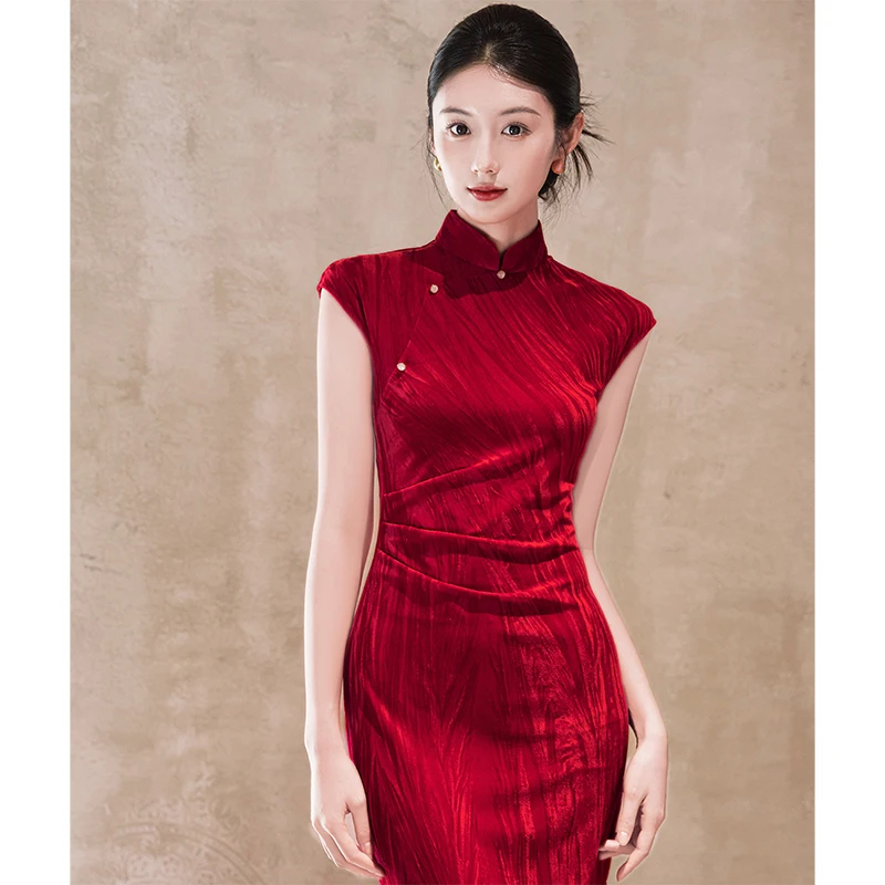 

Красное бархатное китайское простое повседневное свадебное платье с длинным разрезом ort Sve, вечернее платье с глубоким вырезом и вышивкой