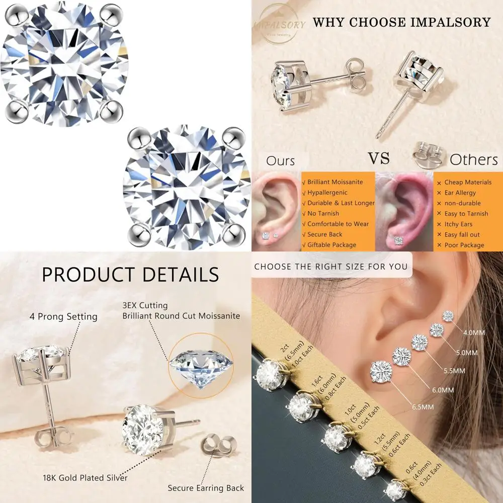

Brilliant Round Cut Moissanite Stud Earrings in 0.6ct-2ct, Lab Created, 18K White Gold Plated Silver, High-Quality DF Color