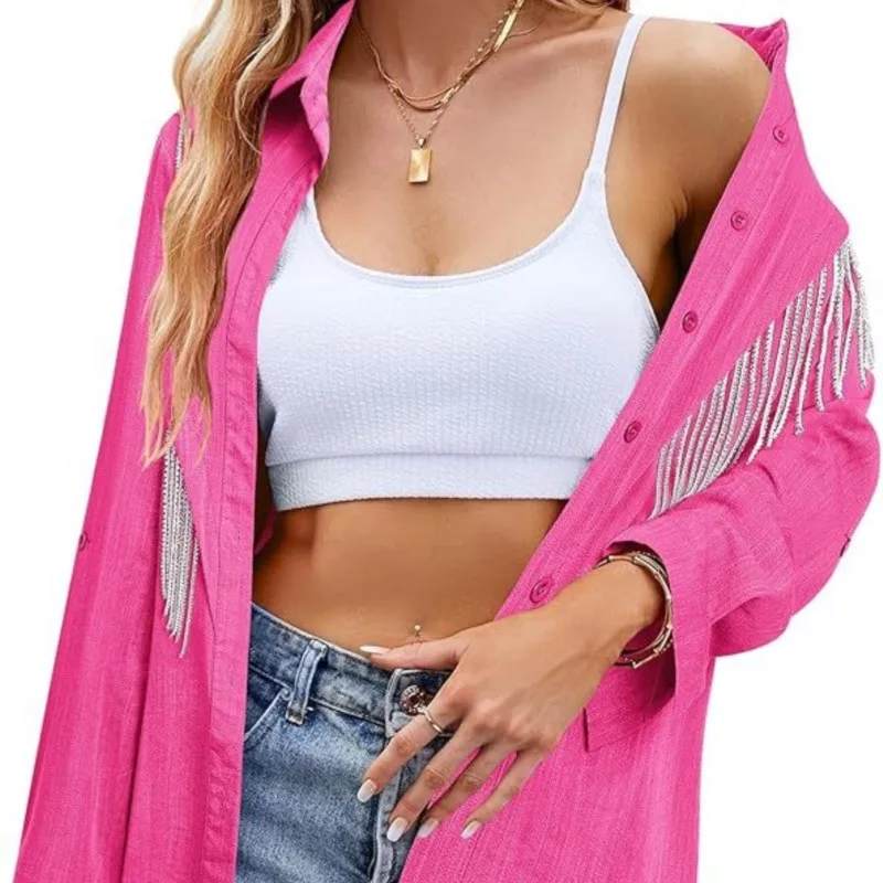 Chemises décontractées chemisiers tempérament chemise chemisier pour femme Style Simple ample gland revers manches longues à la mode couleur unie bureau