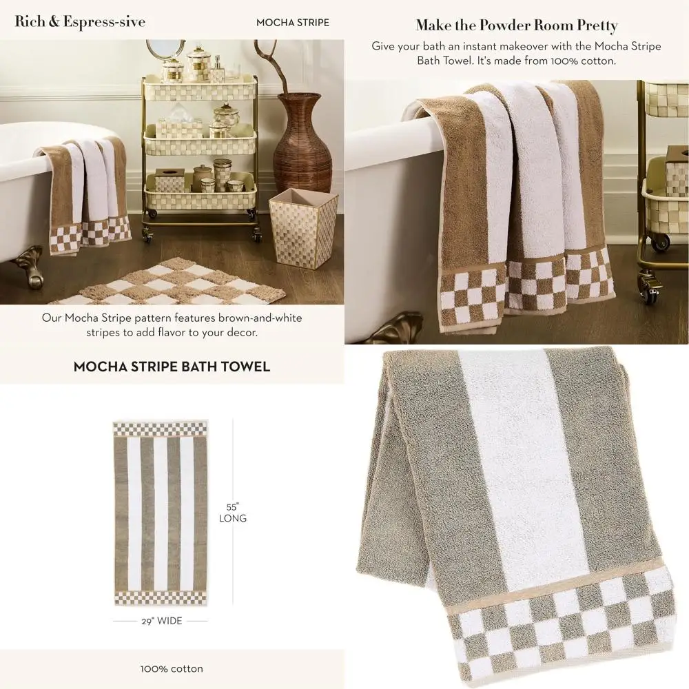 

Mocha Striped Cotton Bath Towel - Chic Brown & White Bathroom Decor Towel