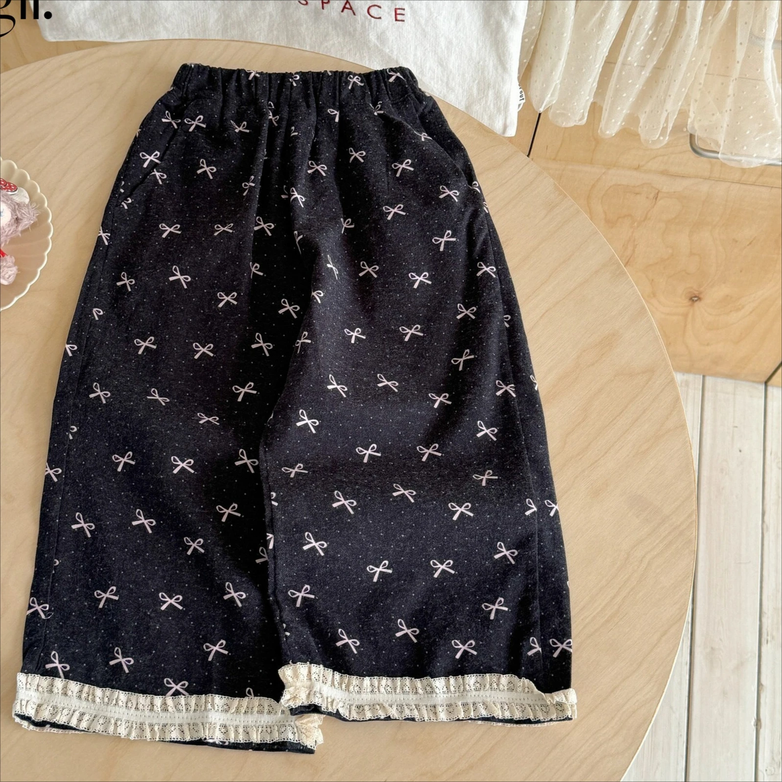Girls Pants 2026 Spring and Autumn New Children's Wear Korean Style Girl Baby Lace Woolen Bow Straight Tube Wide Leg Pants