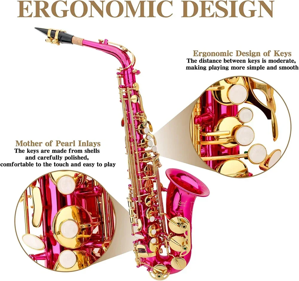 Rose Red Eb Alto Saxophone for Beginners Adults Brass E Flat Key Type Saxophone Woodwind Instrument with Case Strap Glove Parts