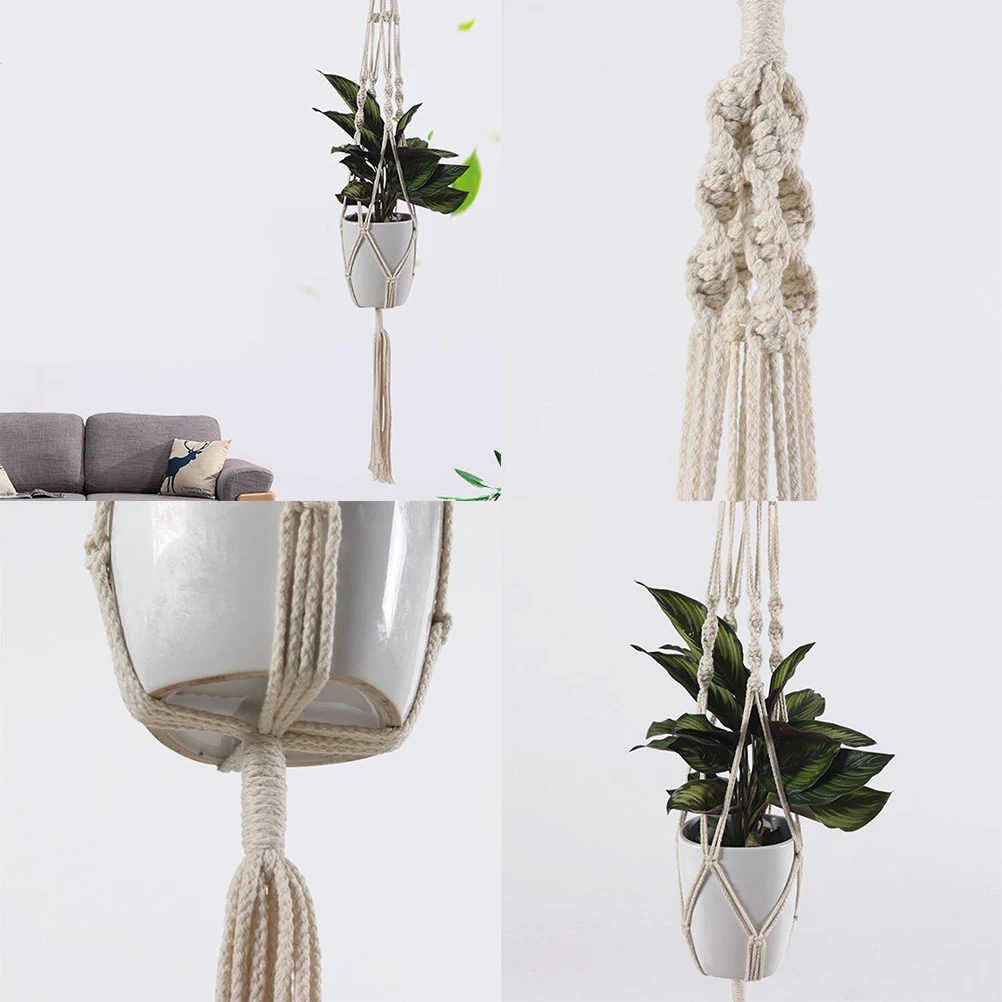 

3pcs Cotton Rope Flowerpot Net Bag Durable Knitting Design Hanging Plant Pot String Bag Save Space