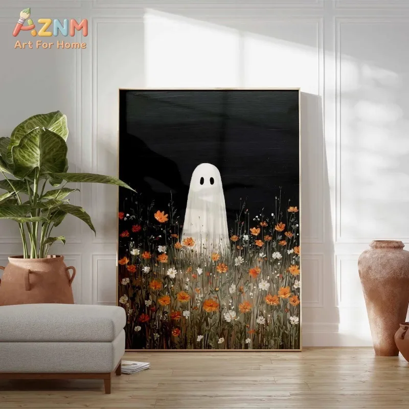 AZNM Cute Ghost Wildflower Field Canvas Wall Art Dark Background Vintage Oil Painting Halloween Autumn Floral Home Decor Unframe