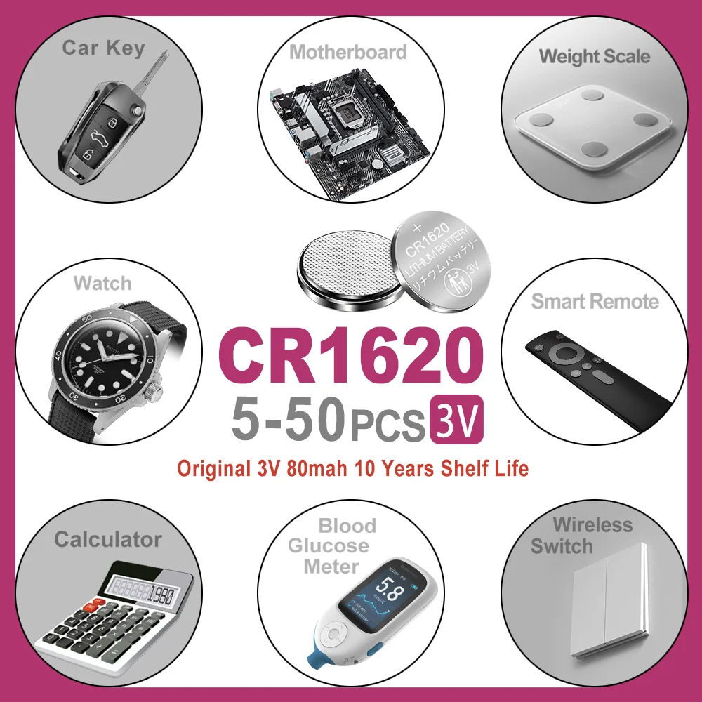 5-50pcs3V  CR1620 button battery suitable for watches, car audio speakers, scales, shavers DL1620 BR1620 lithium cell
