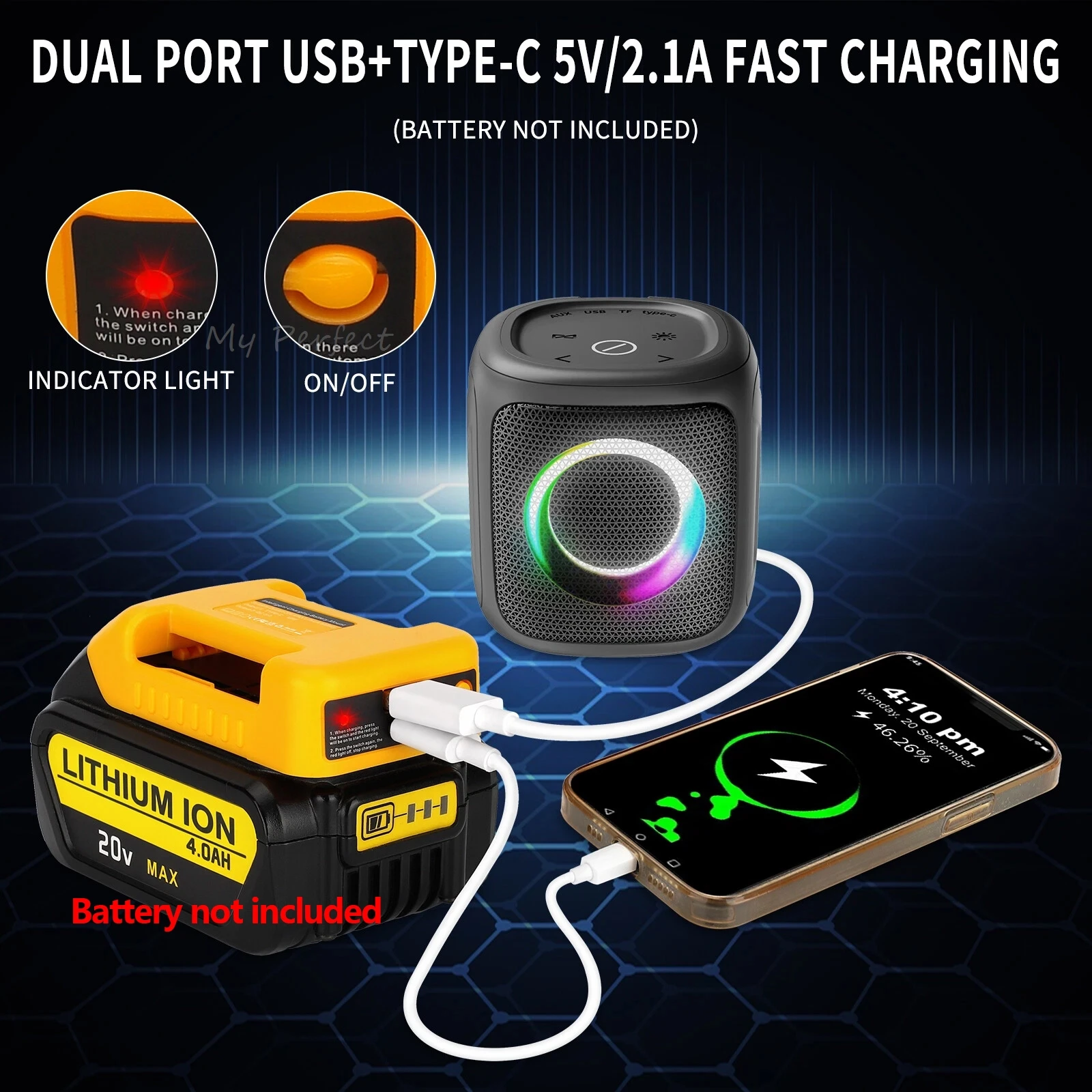 

5-Packs Li-ion Battery Belt Converter For Dewalt 18V 20V 60V Battery Holder Belt Buckle with USB Type-C 2.1A Output Fast Charge
