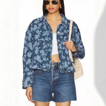 Women's Denim Jacket Casual Washed Floral Print Stand Collar Buttoned Coat Autumn Fashion Outerwear by