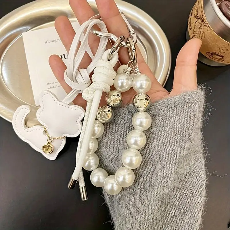 1 Stück Handtaschen-Schlüsselanhänger, Neue Imitationsperlen-Katzen-Handykette, Geschenk, Hängeornament, Anhänger für Frauen und Mädchen – Detail 4